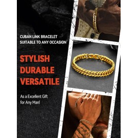 FaithHeart Gold Bracelet for Men, 8mm Width Stainless Steel Wrist Bracelets Men's Hip Hop Jewelry 9.1 Inch Length