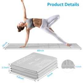 Foldable Yoga Mat for Women, Non Slip Exercise Mat for Home Gym, 5mm Travel Yoga Mats Set With Stretch Strap for Yoga Pilates and Fitness, 68"L x 24"W x 0.2 Inch Thick