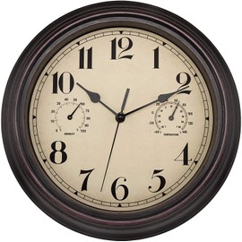 Foxtop Indoor Outdoor Weatherproof Wall Clock with Temperature Display and Hygrometer, No Ticking Noise, Silent Retro Clock for Patio, Bathroom, Kitchen, Living Room, Home Decor (Bronze, 30 cm)