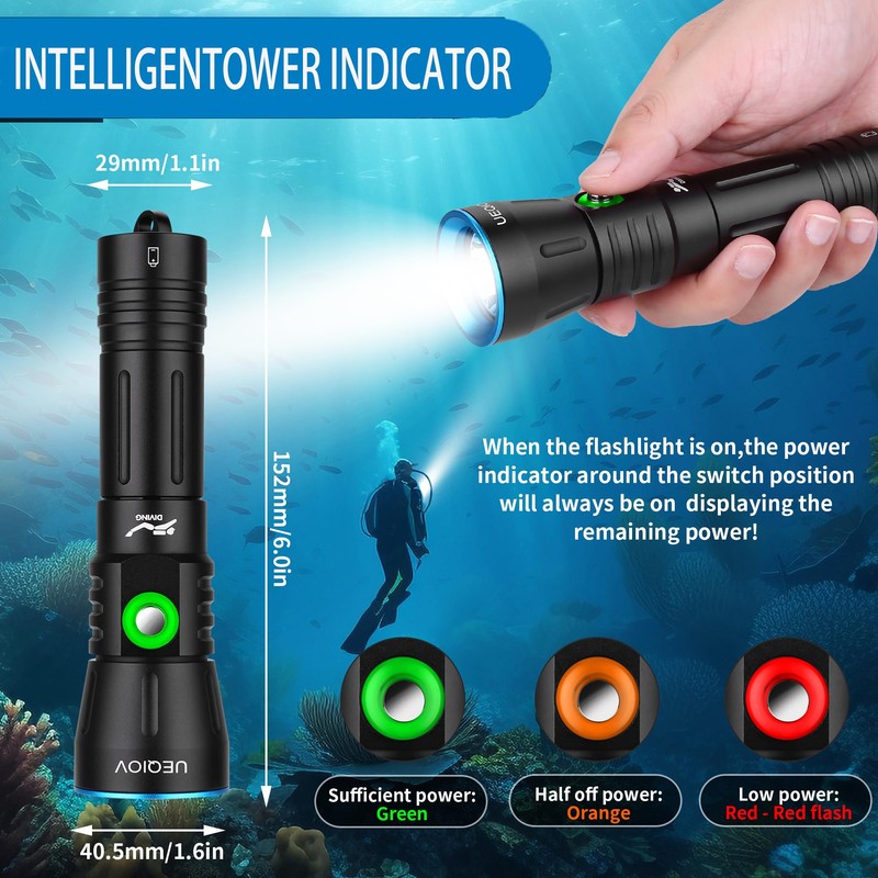 UEQIOV Dive Light Scuba Diving Flashlight Dive Torch Rechargeable,3500Lumens 6