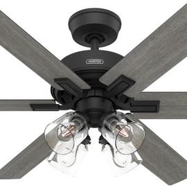 Hunter Fan 52 Inch Matte Black Indoor Ceiling fan with Light and Remote for Bedroom, Living Room, Office, Kitchen (Renewed)