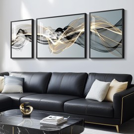 Extra Large Framed Modern Abstract Wall Art for Living Room, 3 Piece Minimalist Black White Prints Wall Paintings Artwork for Walls, Black Gold Luxury Wall Pictures for Hallway Office Wall Decor 30x80 Inch