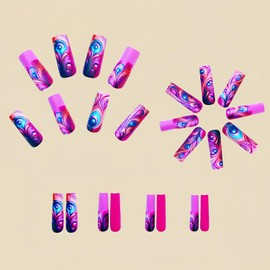 EYZOTSF Press on Nails Long Coffin Shaped Acrylic Square False Nails with Designs Artificial Extra Long Length Coffin Fake Nails with Charms Glue Stick ons Fingernails for Women Girls(Y465)