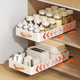 Garvee Kitchen Cabinet Organiser, Extendable, Cabinet Pull-Out Kitchen Adjustable 32-53 cm, with Handle, Quiet Runners, No Drilling, Carbon Steel, for Pantry Cabinet, Bathroom Wardrobe, Width 30 cm