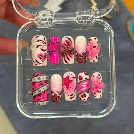 Early 2000s Chic Press On Nails Y2K Leopard Print Nail Set with 3D Bows and Star Accents Pink Glam False Nails for Party or Everyday Wear Glossy Black & White Design with Silver Chrome Beads:_Long Oval_XS