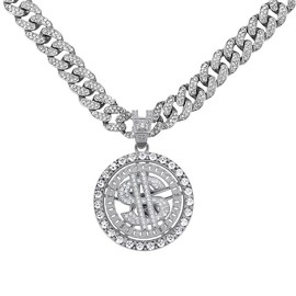 Men's necklace fashionable 360 degree rotating US dollar pendant with diamond inlaid coins rotating Cuban pendant accessory (silvery/24in)