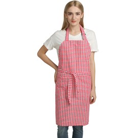 Vintage Gingham Kitchen Aprons Chef Bib Canvas Aprons Christmas Holiday Home Decorative 100% Pure Cotton Aprons in Large Size with Pockets Adjustable Neck Strap Long Ties Aprons(Red)