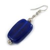 Navy Blue Square Glass Drop Earrings - 6cm Long
