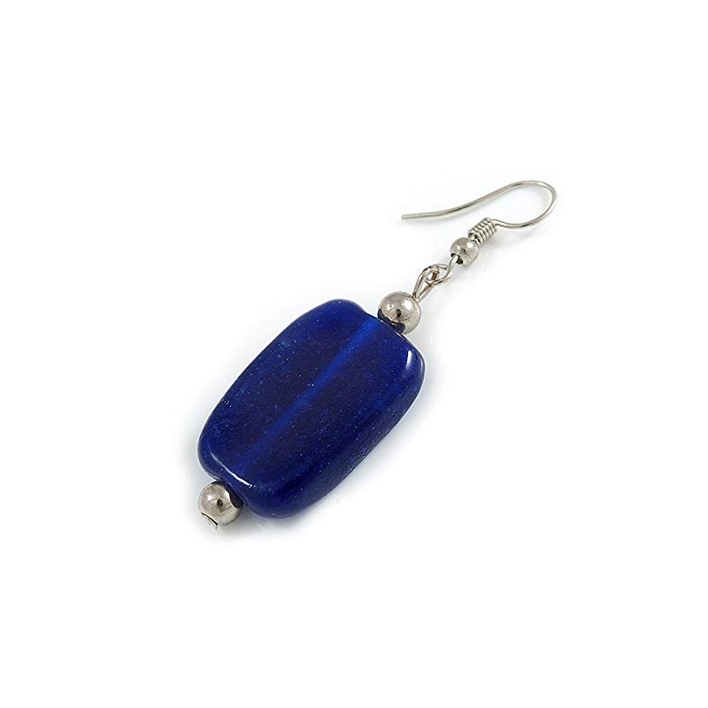 Navy Blue Square Glass Drop Earrings - 6cm Long