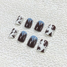MERVF Short Press on Nails Square Fall Fake Nails Brown French Tip Glue ons with Cow Print Design 24Pcs Glossy Blue Cute Acrylic Nail for Women and Girls