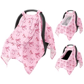 Resiprolty Baby Car Seat Cover with Mesh Window, 100% Cotton Carseat Covers Baby Boy Breathable Infant Car Seat Cover Spring Summer Baby Carseat Cover Lightweight Infant Car Seat Canopy - Pink Bow