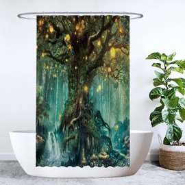 Ulticool Shower Curtain - Fairy Tale Elf Tree Magic Forest Nature - 120 x 200 cm - Washable - Waterproof - Anti Mould - with 8 Rings - Green Yellow