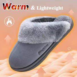 jiajiale Women's Slippers Cosy Fluffy Slippers for Winter Slip On Soft Cushion Slippers with Hard Rubber Sole Indoor Outdoor, gray