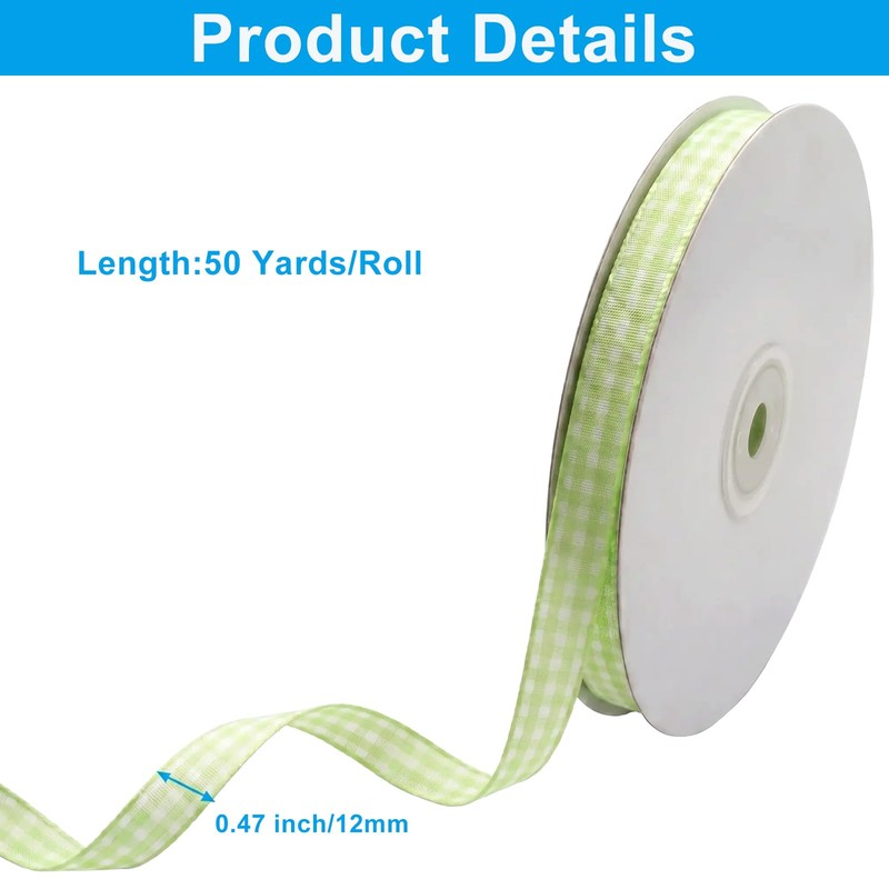 50Yd x 0.47" Green White Gingham Ribbon