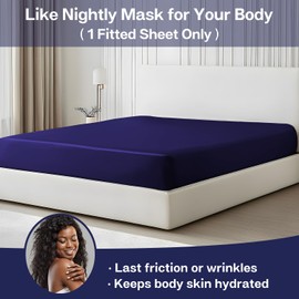 MR&HM Satin Fitted Sheet, King Size Navy Blue Fitted Sheet Only, Silky Soft Cooling Bed Sheets 15 Inches Deep Pocket for Mattress (King, Navy Blue)