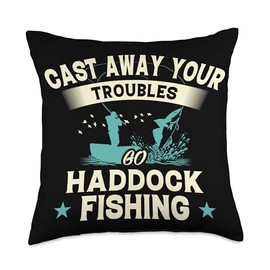 Funny Haddock Fishing Gift for Men & Women Cast Away Your Troubles Go Fishing-Fisherman Haddock Throw Pillow, 18x18, Multicolor
