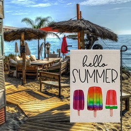 Hello Summer Ice Cream Garden Flag Burlap 12x18 Inch Double Sided, Seasonal Sign Outdoor Decor Yard Small Flags DF269