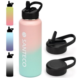 SANTECO Thermosflasche mit Strohhalm, Wasserflasche Edelstahl 710ml BPA-Frei mit 2 Deckeln, Farbverlauf Isolierkanne Spülmaschinenfest für Reisen Camping Rosafarbenes Blau