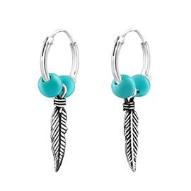 Turquoise Dangling Feather Charm Sterling Silver Sleeper Hoop Earrings - Size: 12mm