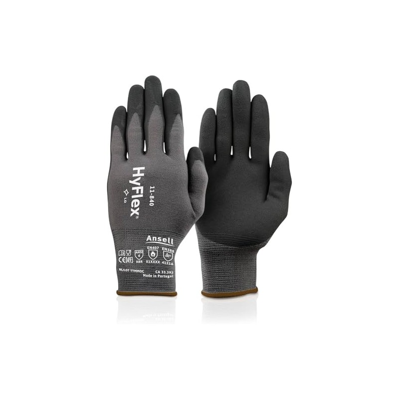 Ansell HyFlex 11-840 Professional Work Gloves, Abrasion Resistant Nitrile Coating