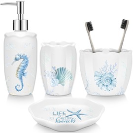 Vesici 4 Pcs Beach Bathroom Accessories, Ocean Animals Bathroom Decor, Under the Sea Tumbler, Soap Dispenser, Toothbrush Holder, Starfish Soap Dish for Ocean Beach Theme Decoration