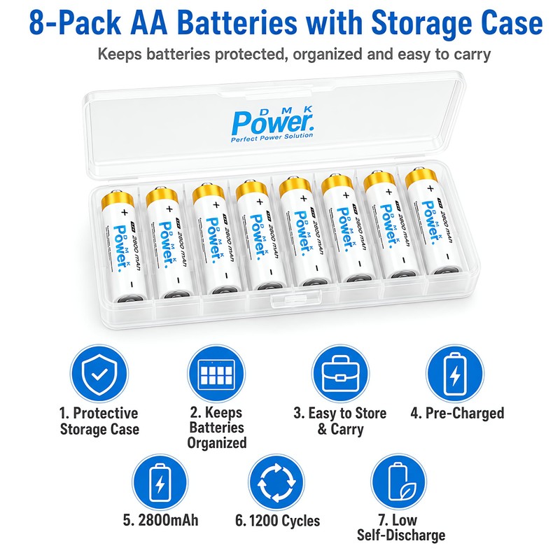 DMK POWER AA Rechargeable Batteries, 8 Pack, 2800mAh, 1.2V NiMH