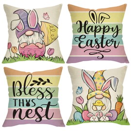Fjfz Happy Easter Bunny Gnome Decorative Throw Pillow Covers 20 x 20 Set of 4, Bless This Nest Rabbit Ears Eggs Porch Outdoor Home Decor, Spring Carrot Tulip Flower Colorful Stripes Couch Cushion Case