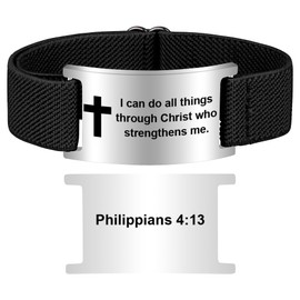 Pmormyy Bible Verse Cross Bracelet for Women Men, Christian WWJD Jesus is King Jewelry Gift Adjustable Bracelet Black Silver Philippians 4:13