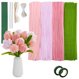 400 PCS Pipe Cleaners Craft Bulk,4 Assorted Colors Chenille Stems for DIY Flower Making Kit with Floral Wire, Gardening Tape, Stamen & Ribbon, Pipe Cleaners Flowers, Arts and Craft Supplies for Kids