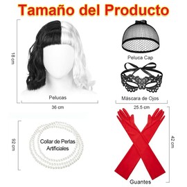 AUTOWT Conjunto de Peluca, Mitad Blanca y Mitad Negra Cabello Corto Ondulado con Rizos Guantes Collares para Máscaras, Pelucas de Disfraz Cosplay para Fiesta Temática Halloween Navidad
