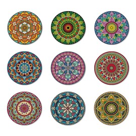 ANATTASOUL 9 Pcs Mandala Pattern Wood Coasters, 10cm Art Round Coasters Craft Supplies for Drinks Absorbent Kitchen Dining Room Decoration