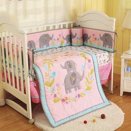 Brandream Baby Girl Crib Bedding Set Pink Elephant Safari Animal Nursery Bedding with Elephant Floral Print, 3 Piece Comforter Set, Fitted Sheet,Crib Skirt