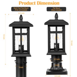 Brilvibera Dusk to Dawn Black Outdoor Post Light Fixture, Pole Lamp with Pier Mount, Waterproof Exterior Lamp Post Lantern for Yard, Driveway, Path, Black