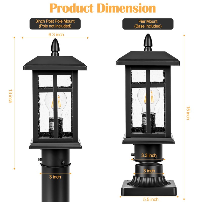 Brilvibera Dusk to Dawn Black Outdoor Post Light Fixture, Pole