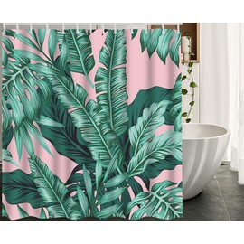 HGOD DESIGNS Tropical Shower Curtain,Tropical Banana Grenn Leaves in The Pink Background Waterproof Shower Curtain Bathroom Decor Set with Hooks Size 60x72 Inch