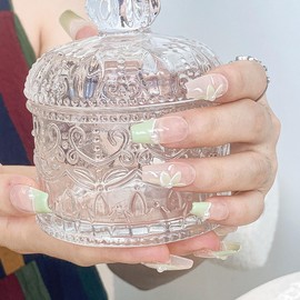 [GLORS] SummerBlossom - Green Fresh Hand-Painted Floral Design Press-On Nails in Long Ballerina (M,LB)