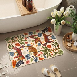 LEEVAN Washable Tiger Rug 2x3 Bathroom Rugs Non Slip Scalloped Beige Entryway Mat Leopard Front Door Mat Low Pile Rug Pad for Porch Soft Jungle Laundry Mat