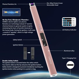 VANKCC Electric Candle Lighter Plasma Arc Lighters Long USB Rechargeable Lighters Windproof Flameless with Double Safety Lock for Candle BBQ Camping (Rose Gold)