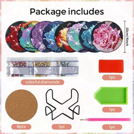 Juego de 8 posavasos de arte de diamantes de color rosa con soporte, posavasos de arte de diamante con bases de corcho para adultos, kits de diamantes para regalo de Navidad y día festivo