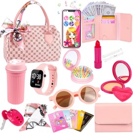 Bolso de juego para niñas pequeñas，Accesorios para cartera para niños,maquillaje de simulación para niños, portafolios, llaves, tarjeta de crédito, botella de aguareloj de pulsera, bufanda de seda