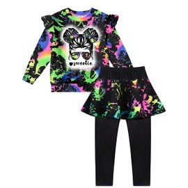 Aulyffo 3t Girl Clothes 4t Girls Outfits Two Piece Tie Dye Toddler Girl Clothes Ruffle Sleeve Graphic Print Tops + Skirt Leggings Fall Winter Sweatsuit Sets Black