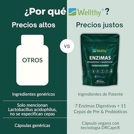 Wellthy Enzimas Digestivas 90 Cápsulas. Reforzado con Prebioticos y Probioticos. 10 Billones de Porbioticos 11 Cepas, 7 Enzimas, Bottle Free.         