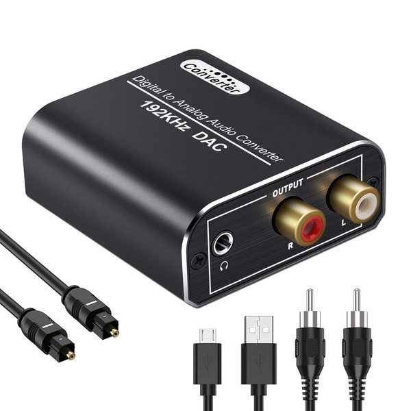Digital to Analog Audio Converter 192KHz DAC, Digital Optical(Toslink)&Coaxial to Analog Stereo L/R RCA with 3.5mm Jack+3.2Ft Optical/Coaxial Cable for PS3/4 DVD HDTV Xbox Roku Headphone Home Cinema