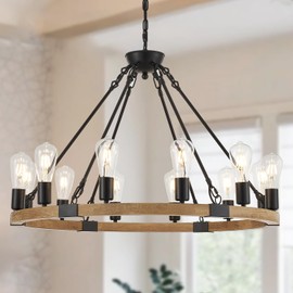 brfaixla 12-Light 31.5'' Wooden Wagon Wheel Chandelier Natural Farmhouse, Rustic Black Metal Ceiling Pendant Chandelier Vintage Wood Chandeliers Round for Living Dining Room Entryway Foyer
