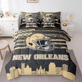 Erosebridal King Size Football Sports Decor 7Pcs Comforter Set with Sheets for Boys Teens Youth Retro American Flag Bedding, Vintage Brown and Black Football City Team Color Bed Set (New Orleans)