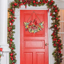 Bencailor Christmas Door Decor Cardinal Birds Door Sign Decor Xmas Wooden Welcome Sign for Front Door Rustic red Birds Hanging Sign Christmas Wall Decor for Home Outdoor Room Front Yard