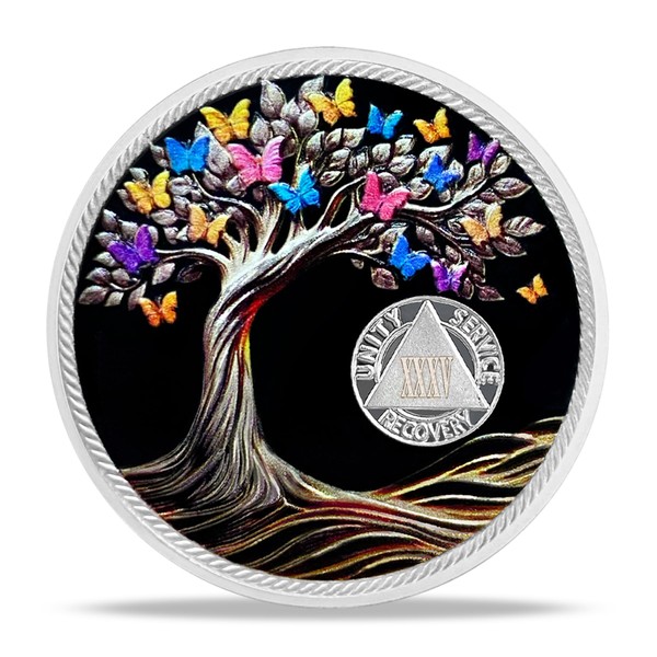 35 Year Sobriety Coin Gifts | Sun and Black Butterfly