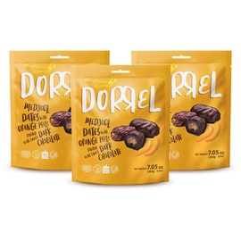 DORREL - Belgian Dark Chocolate Covered Dates (Medjool) with Candied Orange Peels Stuffing, High Energy Vegan Choco Snack, Tasty, Kosher & Non-GMO, Pack of 3 Stuffed Chocolate Dates 7.05 oz / 200 g Ea