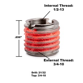 E-Z LOK - 303-8 E-Z Lok Externally Threaded Insert, 303 Stainless Steel, 1/2"-13 Internal Threads, 3/4"-10 External Threads, 0.656" Length, Made in US (Pack of 5)