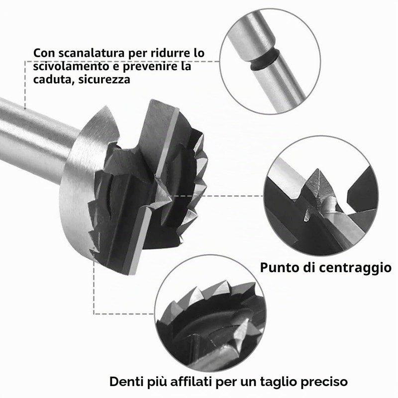 Forstner - Punta elicoidale Forstner con codolo rotondo, per legno,